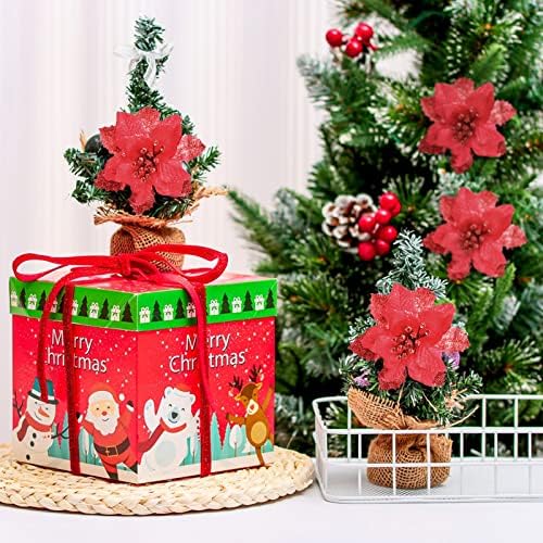 חבילה של 12 בורדו פוינסטיה קישוטים לחג המולד 6.5 אינץ 'פרחים מלאכותיים קישוטים נצנצים לעץ חג המולד