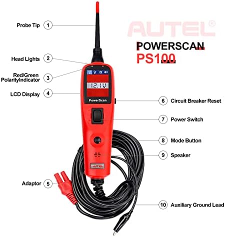 Autel PowerScan PS100 מערכות חשמל בודק PS 100 בודק מעגלי עם כבל 20ft, מפסק מובנה, התנגדות זרם AC/DC