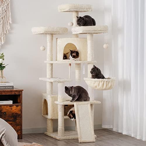 מגדל חתולים גדול לחתולים מקורה, דירת ריהוט חתולים רב מפלסית לחתולים עם 3 מוטות קטיפה מרופדות, סל נעים