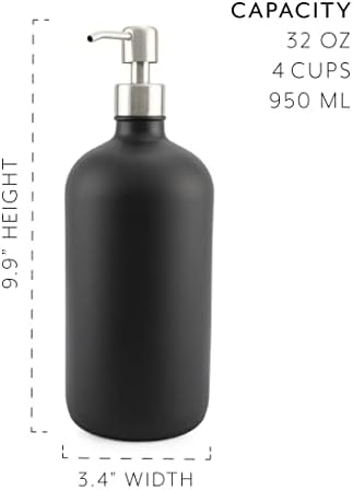 קרנית קרנית 32oz בקבוקי משאבות זכוכית שחורה עם משאבות נירוסטה; מתקן גודל כלכלה מצופה שחור לשמנים, קרמים,