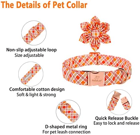 Babole Pet Fall Girl Collar Collar עניבת פרחים, צווארון כלבים פרחוני משובץ כתום עם אבזם מתכת בטיחותית