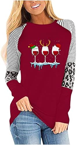 חולצת זכוכית יין לחג המולד חולצה שרוול ארוך שרוול חג המולד טוניקה צמרות בלוק צבע מזדמן נמר פסים רגלן טיז