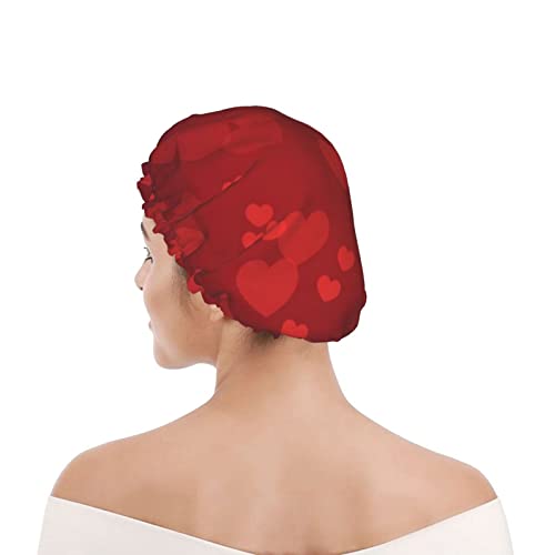 יום האהבה כובע מקלחת לב אדום, כובעי מקלחת אמבטיה לשימוש חוזר לנשים שיער ארוך, שכבה כפולה אטום מים אטום רחצה
