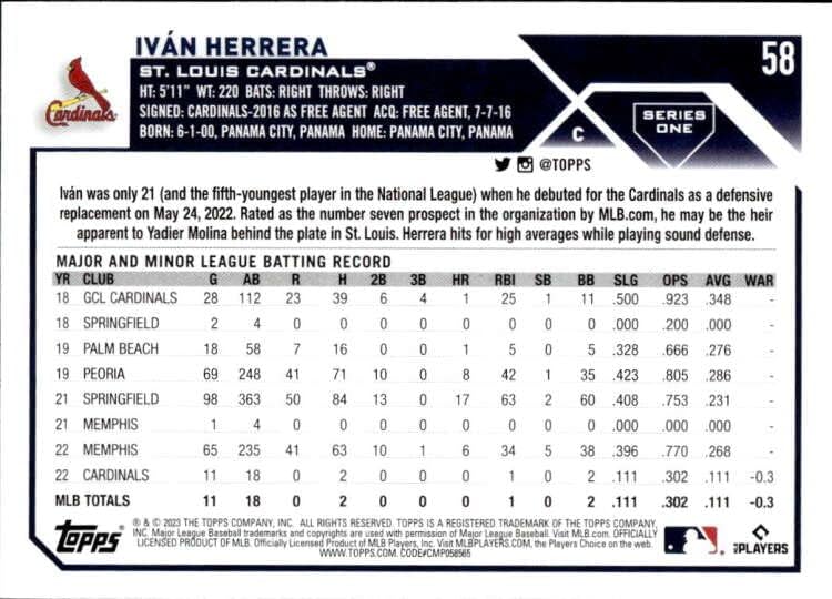 2023 Topps 58 Ivan Herrera Rc Rookie St. Louis Cardinals סדרה 1 כרטיס מסחר בייסבול MLB