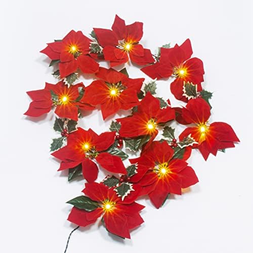 Pchero 8 ft חג המולד Poinsettia פרחים זר עם 10 נורות LED וטיימר, אורות מיתר מלאכותיים מוארים עם פירות