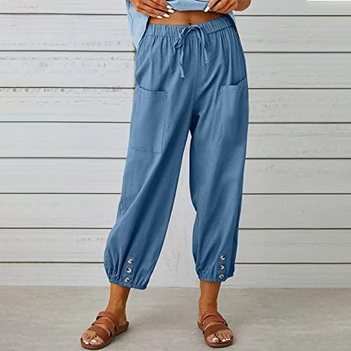מכנסי פשתן כותנה לנשים, משיכת מותניים גבוהים ברגל רחבה רופפת בכושר קפריס נוחה אופנה מכנסיים רחבים