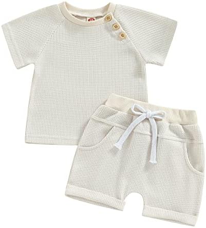 פעוטות תינוקות תינוקות בגדים עם שרוול קצר שרוול סרוג חולצת טריקו בצבע אחיד מכנסי מכנסיים קצרים