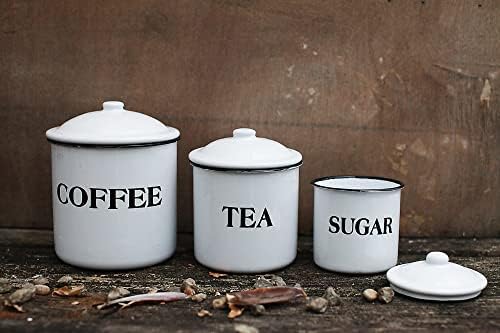 בית חווה שיתופי יצירתי מיכלי מתכת אמייל עם הודעות קפה, תה ו סוכר, לבן ושחור, סט של 3 גדלים