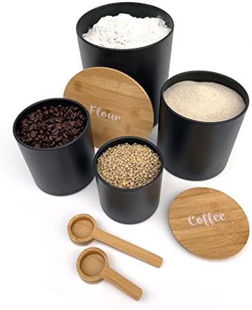 סטונווד שחור מיכלי סטים למטבח, סט של 4 מיכלי מטבח אטום עם מכסה במבוק-צנצנת קפה מתכת & מגבר; מיכל סוכר-מכולות