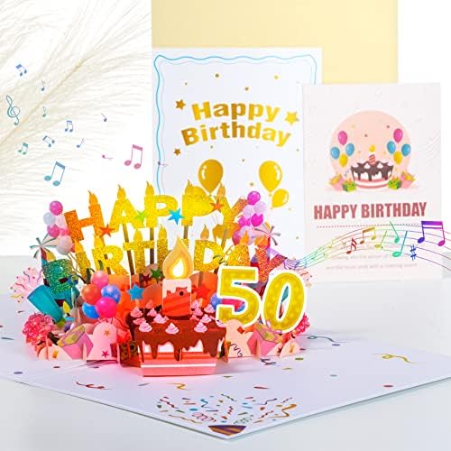 כרטיס יום הולדת מוסיקלי 50 עם אור & מגבר; נר נושב, כרטיס יום הולדת מוקפץ עבור 50 שנים זכר נקבה, מחיאות