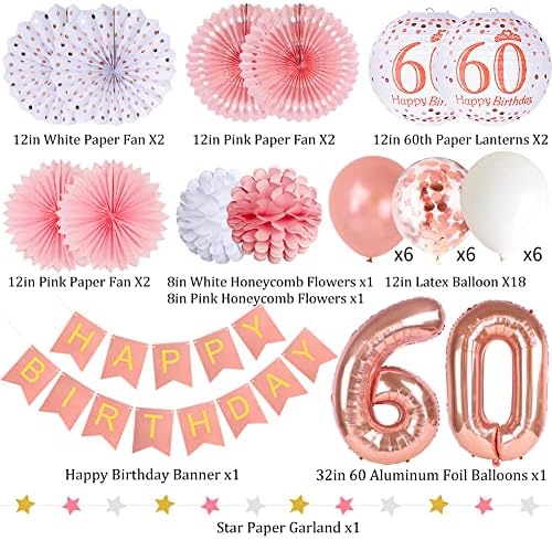 קישוטים ליום הולדת 60, קישוטים ליום הולדת 60 לנשים, באנר ליום הולדת שמח פנסי נייר 60 מספר 60 נייר