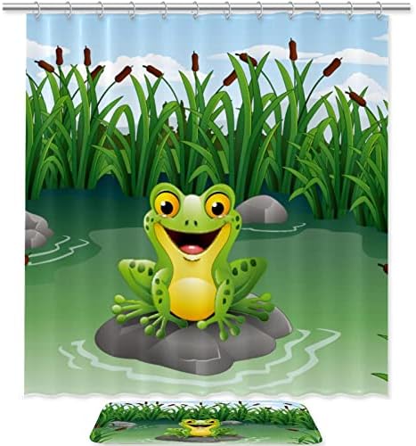צפרדע בעלי החיים קיץ מקלחת וילון אמבטיה מחצלת סט עמיד למים בד אמבטיה וילון ושטיח סט עם ווים