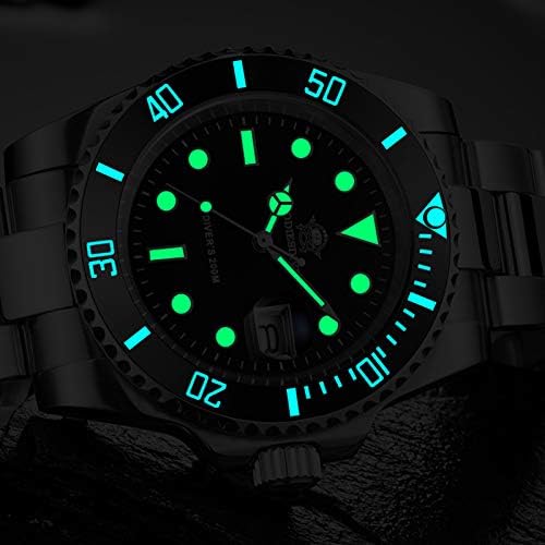שעון צלילה קוורץ לגברים צוללן רצועת פלדה 200 מ ' ססגוניות זוהרות חיוג שחור כחול ירוק