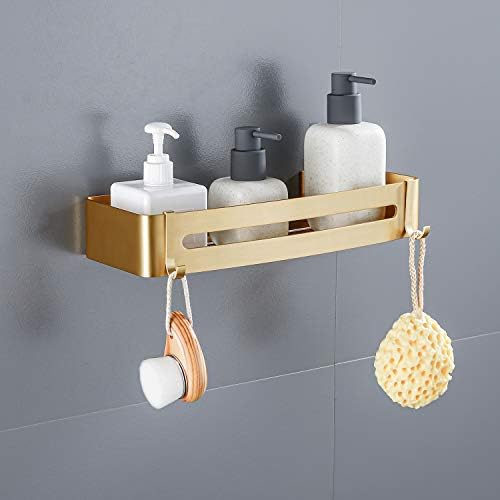 מדף מקלחת זהב מוברש דבק או קידוח מקלחת מקלחת חדר אמבטיה מדף קוסמטי עם ווים