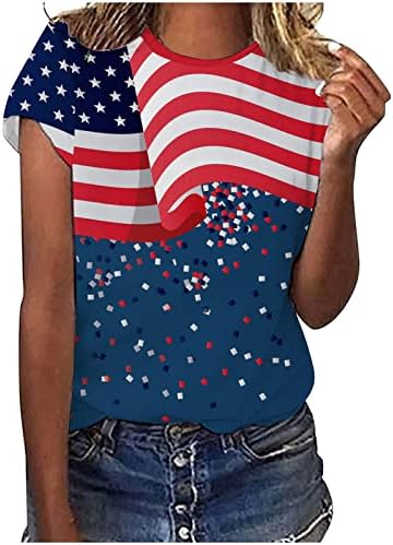 פסי דגל אמריקאיים בשליטה הדפסת חולצה לנשים לצוואר צוואר חולצת שרוול קצר חולצת יום עצמאות קיץ
