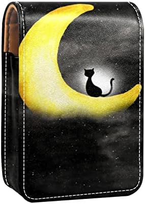 שחור חתול יושב על ירח שפתון פאוץ עם מראה שפתון מחזיק עבור ארנק מיני תיק קוסמטי