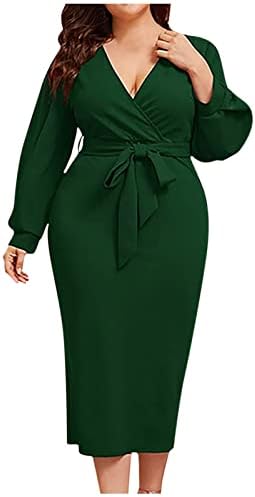 נשים סתיו בתוספת גודל עבודת שמלה ארוך שרוול פנס שמלות צווארון עניבת מותניים הברך אורך עסקי שמלה