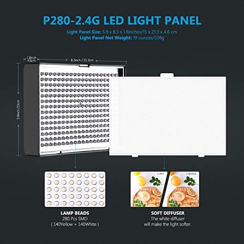 ערכת תאורת וידאו לד 2 מארז 2.4 גרם: לוח דו-צבעוני קרי 95+ 280 לד עם מעמד תאורה של 2 מ', תצוגת מסך, שלט