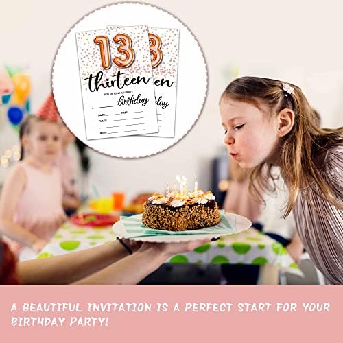 הזמנות ליום הולדת 13 Tirywt, הזמנות למסיבת יום הולדת 13 של ורד גליטר ה -13 עם מעטפות לבנות בנות,