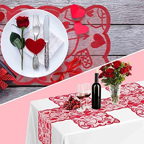 קישוטי חג האהבה רץ לשולחן עם 4 מפיות, 13 על 72 אינץ ' ורד אדום תחרה רומנטית סט מחצלות שולחן ליום האהבה