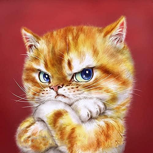 ערכת ציור צביעת יהלומים מלאה של F-Canlan עגולה, 5D DIY צבע חתול כועס עם יהלומים חתול מחמד ציור אמנות