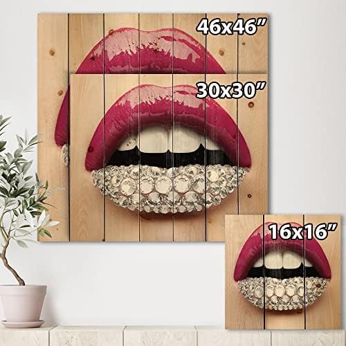 עיצוב שפתיים של אישה עם שפתון ורוד יהלומים לבנים עיצוב קיר עץ מודרני ועכשווי, אמנות קיר עץ ורוד, אנשים גדולים