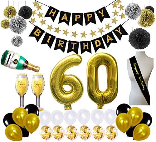 קישוטי ציוד למסיבות יום הולדת 60, 60 נייר באנר ליום הולדת פום פום כוכב זהב נייר נייר זרי נייר נייר נייר נייר