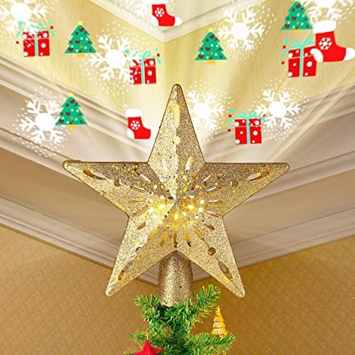 טופר עץ חג המולד של כוכב Clispeed עם מקרנים של 2 יחידות, נצנצים נוצצים טופר עץ מואר חלול עם מקרנים צבעוניים מסתובבים