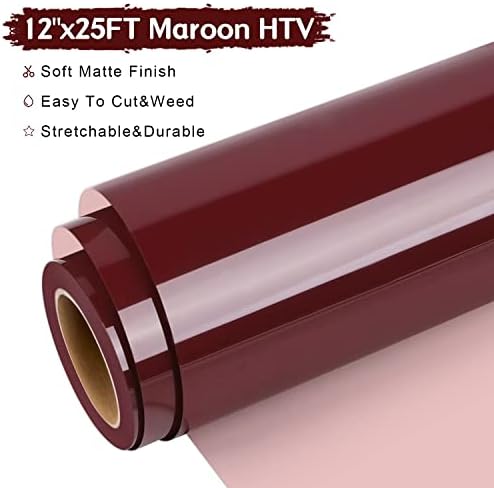 Wrapxpert Maroon HTV החום העברת גליל ויניל 12 ברזל בורדו x25ft על ויניל לחולצות טש, יין אדום HTV גליל גדול