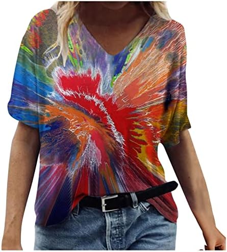חולצת טי אופנה של נשים בכל רחבי הדפסים גרפיים פרחוניים צווארון צווארון חולצות שרוול קצר 2023 טיז מזדמן קיץ