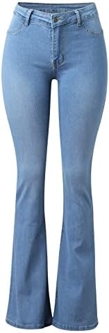 XXBR פעמון ג'ינס תחתון לנשים באופנה מותנית גבוהה בצבע אחיד נמתח ג'ינס הרמת ירך רצפה מתרחבת