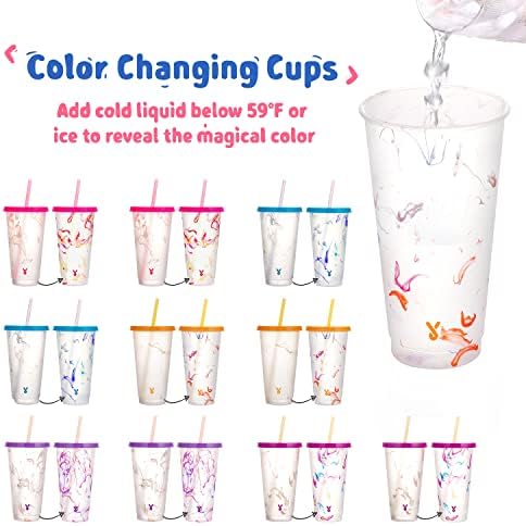 כוסות החלפת צבע מיוקי עם מכסים וקשיות-10 חבילות כוסות פלסטיק 24 אונקיות עם מכסים וקשיות בתפזורת, כוסות