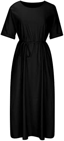 שמלות ארוכות קיץ של למדודן לנשים שמלות חריץ פשתן כותנה בצבע אחיד בצוואר עגול צוואר עגול שרוול