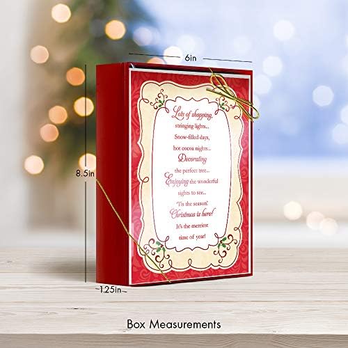 ברכות מעצבים כרטיס חג המולד מובלט בנייר כסף אדום עם מעטפות לבנות בקופסה אדומה יציבה עם מכסה אצטט שקוף.