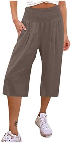 נשים של רחב רגל מכנסיים מוצק צבע מזדמן אלסטי גבוהה מותן שבע נקודות מכנסיים עם כיס חוף חאקי מכנסיים לנשים