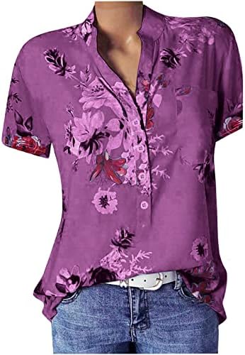 נשים קיץ צמרות מזדמנים שרוולים קצרים כפתור טוניקה סדרת הדפס סדרת טי חולצות אופנה צוואר עגול כפתור מוצק