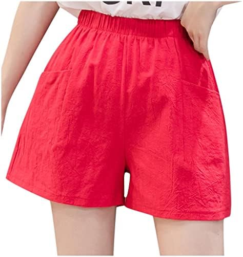 מכנסי פשתן של Qifen לנשים מכנסיים קצרים מזדמנים עם מותניים גבוהים עם כיסים נערות מכנסיים קצרים רגליים