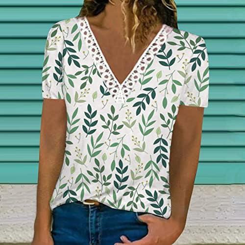 חולצות נשים עם שרוול קצר שרוול קצר תחרה V חולצות צוואר פרחים טרופיים עלים על חולצות הוואי חולצה צמרות