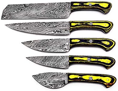 אישית בעבודת יד דמשק שף סכיני סט / מטבח סכיני 5 חתיכות סט אס-17306 שחור וצהוב בצבע עץ