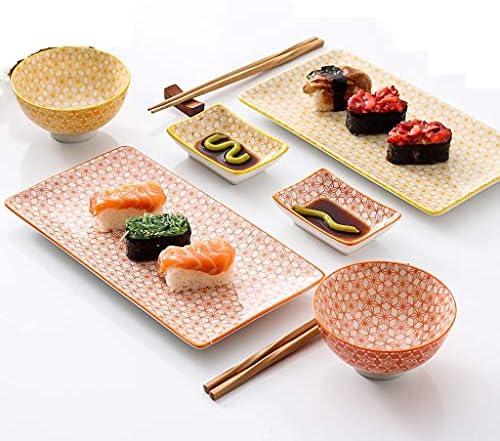 סט סכום סט סושי חרסינה בסגנון יפני סט עם צלחת סושי, קערה, כלים מטבל, 2 זוגות קופסת מקלות מאכילים במבוק