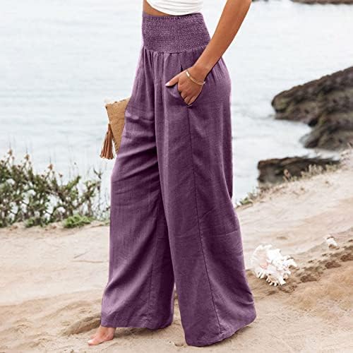 מכנסי iaqnaocc לנשים, פשתן כותנה נוחה רגל רחבה מכנסי חוף מותניים גבוהים עם כיסים