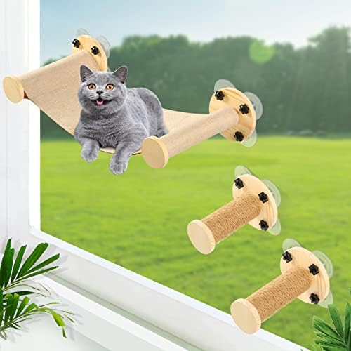 מוט חלון חתול עם צעד לחתול מקורה, ערסל חתול לחלון עם כוסות יניקה, מיטת חתול חלון ועמוד גירוד לחתולים מקורה, חלון