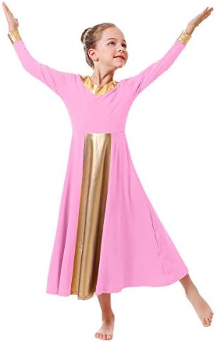 IBAKOM בנות מטאליות זהב V-צווארון שמלות ריקוד שבחים כנסייה ליטורגית רופפת בכושר אורך מלא בלוק