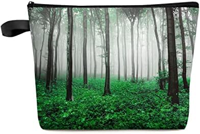 תיק איפור יער ירוק LSRTOSS - תיק קוסמטי לנשים גדולות לנשים, עלה מייפל סתיו נוף טבעי איפור מארגן שקית