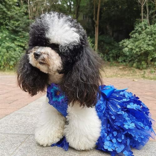 בגדי כלב בעבודת יד מדהים רויאל בלו לרקום 3 פרחים יותר שכבות טול שמלת חיות מחמד חתולים נסיכת שמלת פודל