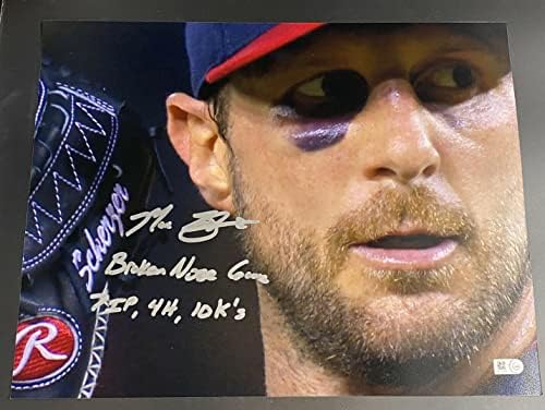 מקס שרצר משחק האף השבור 7IP, 4H, 10 Ks חתום 11x14 צילום MLB HOLO - תמונות MLB עם חתימה