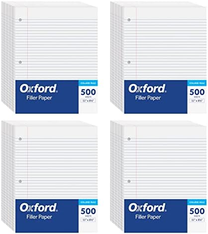 נייר מילוי אוקספורד, 8-1 / 2 איקס 11, כלל מכללה, אגרוף 3 חורים, 2,000 גיליונות נייר עלים רופפים ל -3 קלסרים טבעתיים,