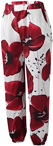 נשים מקרית גבוהה מותן רחב רגל מכנסיים פרח הדפסת כותנה פשתן רופף זורם קיץ חוף מכנסיים עם כיסים