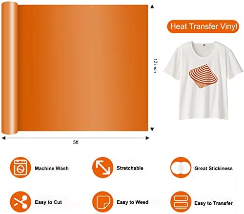 העברת חום העברת ויניל 12 x 5ft כתום HTV ויניל גליל ברזל על ויניל לחולצות T DIY בגדים, כריות,