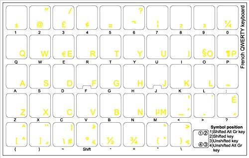 תוויות מקלדת קנדיות של QWERTY צרפתית עם אותיות צהובות על רקע שקוף לשולחן עבודה, מחשב נייד ומחברת
